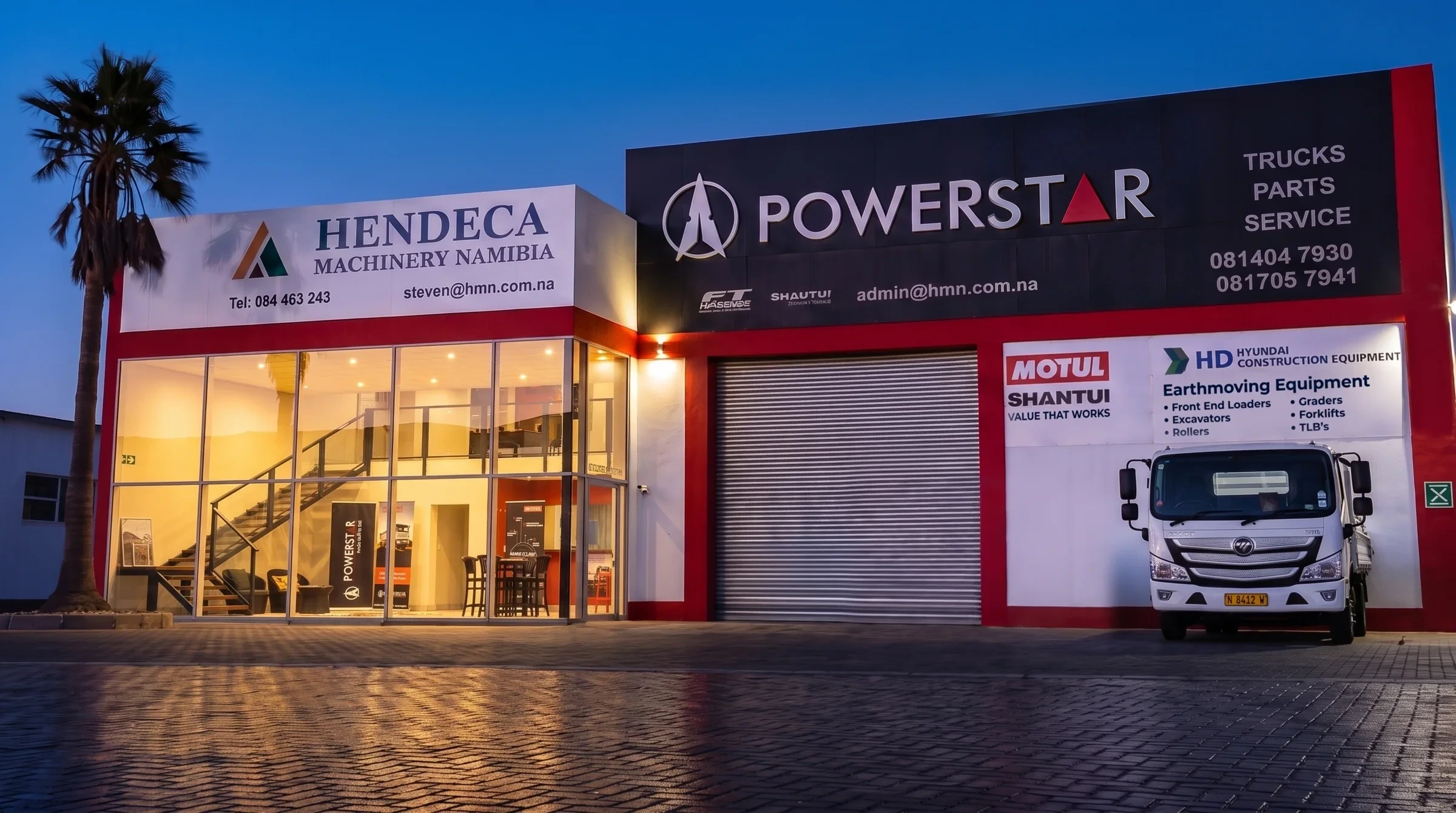 The Hendeca Machinery premises on Newton Street, Swakopmund, lit at dusk